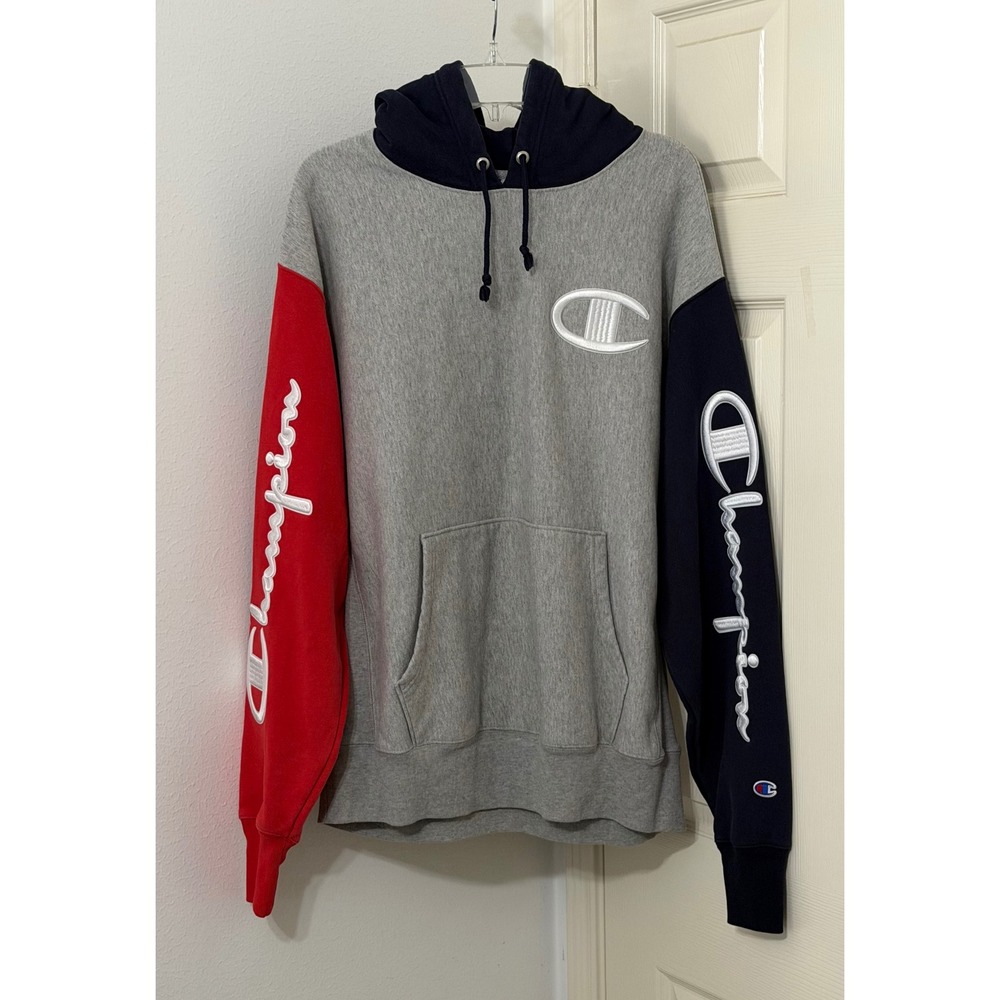 Champion Reverse Weave Hoodie Mens XL Grey Red Navy Script Logo vintage 90s‎